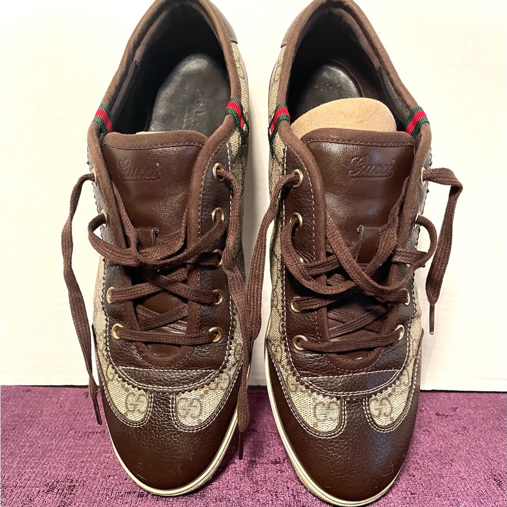 Gucci Leather Brown & Beige GG Monogram Canvas Leather Sneakers, Sz 41/US 10